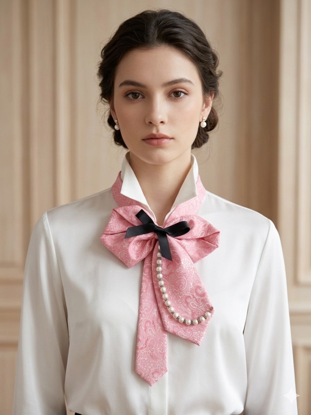 Pearl-Trim Pink Paisley Bow Necklace with Black Ribbon Accent
Handmade.